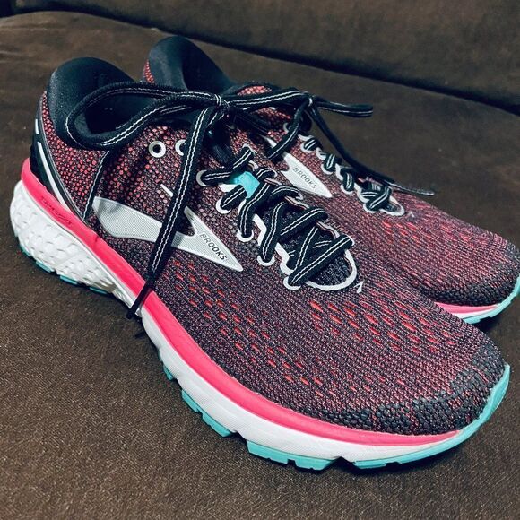 Excellent Brooks Ghost 11 Womens Running Shoes Black Coral Pink Turquoise 7 US - Picture 1 of 10